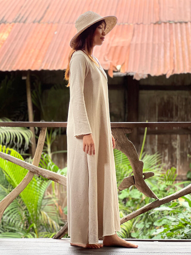 asana ヘンプコットン ふかふか カシュクール風 ロング ワンピース  