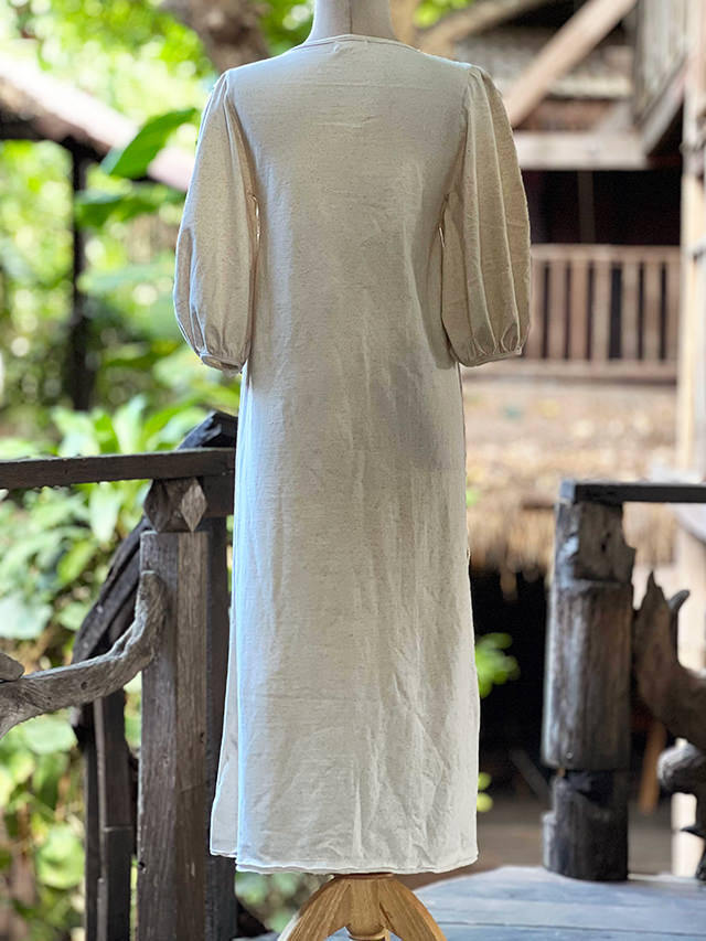 asana ヘンプコットン 厚手 七分袖 ワンピース・きなり【パヤカ