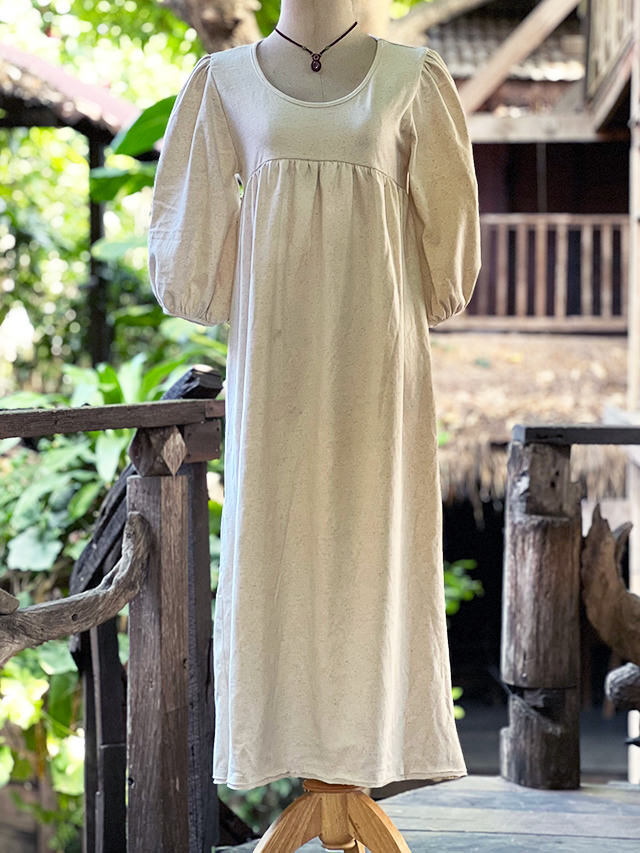 asana ヘンプコットン 厚手 七分袖 ワンピース・きなり【パヤカ