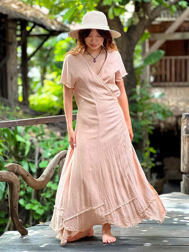 asana HEMP100% テロテロ 切り替え カシュクール ロング ワンピース