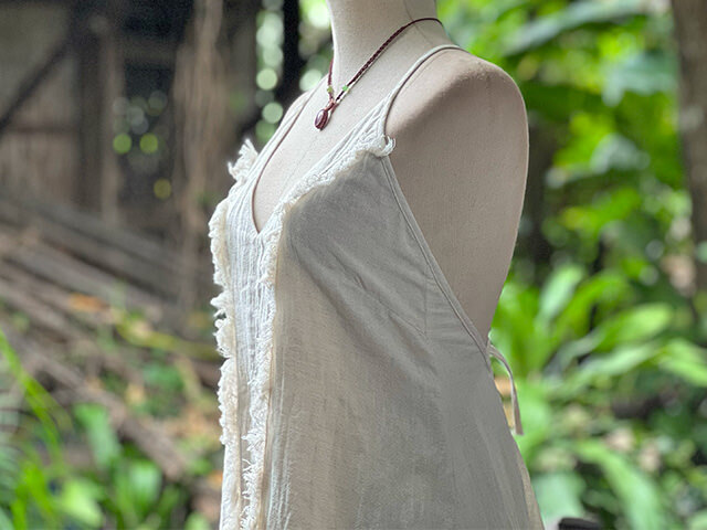 asana 麻100% 薄手 フリンジ ラウンドテール ワンピース・きなり