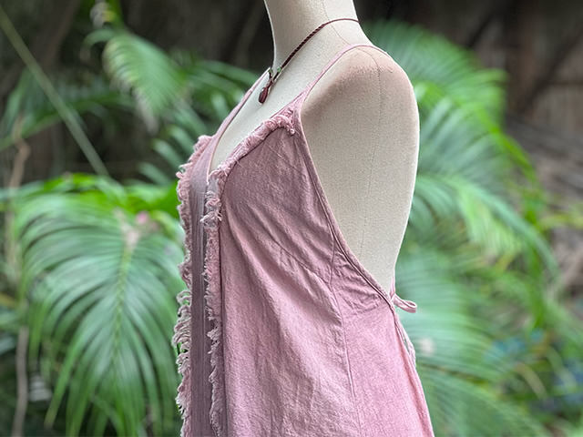 asana 麻100% 薄手 フリンジ ラウンドテール ワンピース・きなり