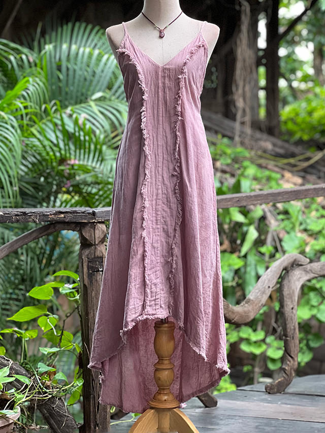asana 麻100% 薄手 フリンジ ラウンドテール ワンピース・草木染め