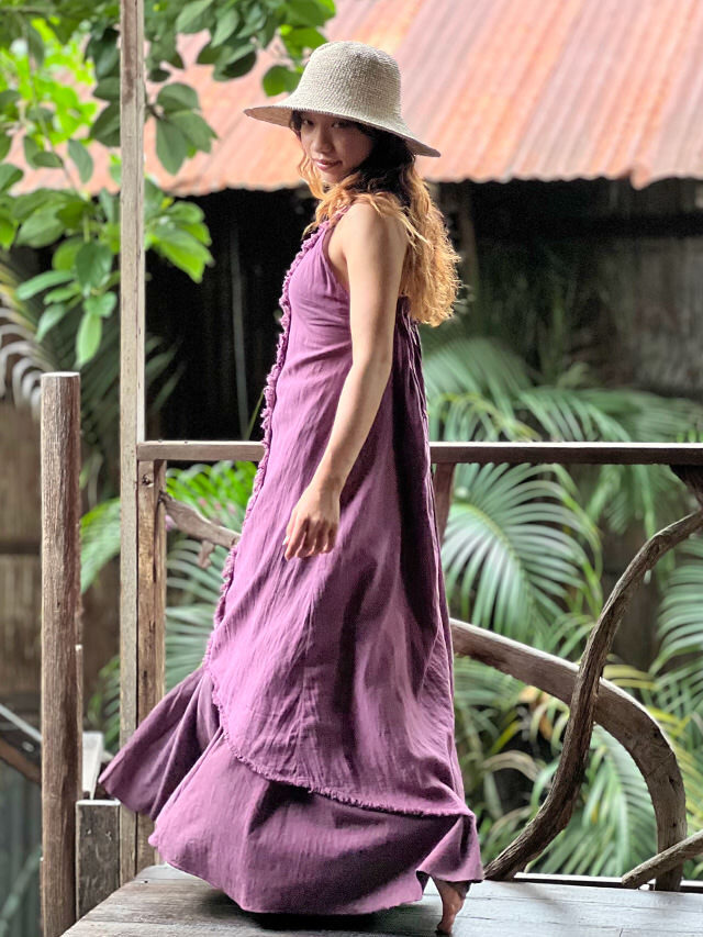 asana 麻100% 薄手 フリンジ ラウンドテール ワンピース・草木染め