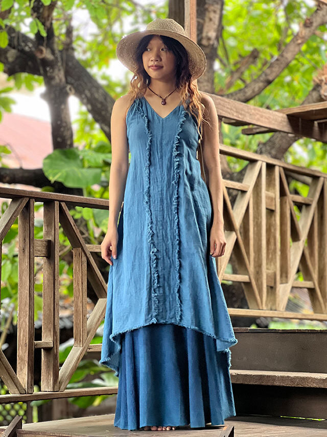 【クレオパトラ】スタンダードワンピース asana 麻100% 薄手 フリンジ ラウンドテール ワンピース・草木染め