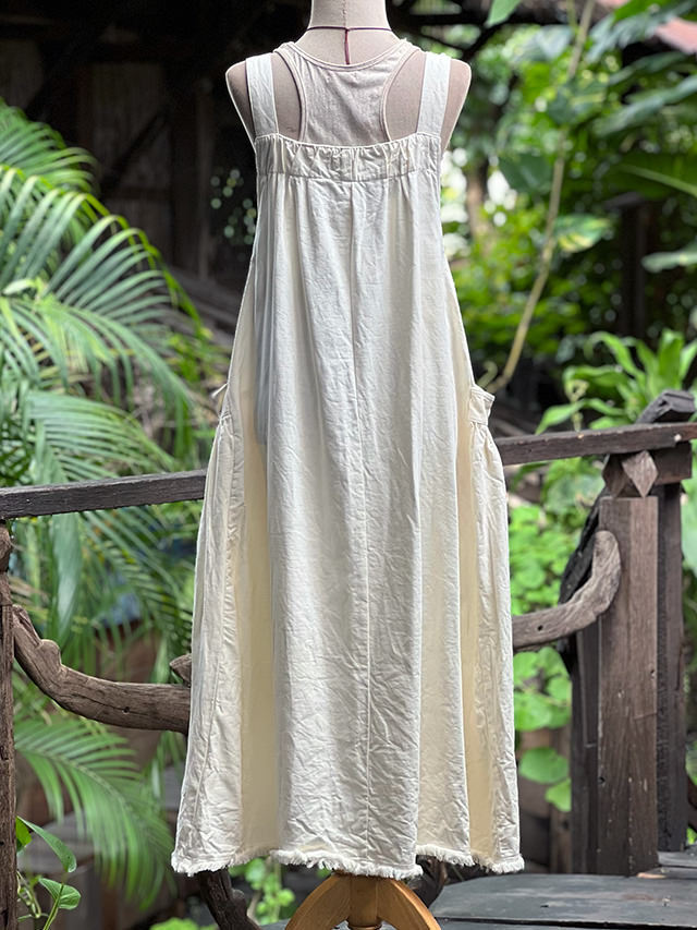 asana HEMP100% デニム風 サロペット ワンピース・きなり【パヤカ