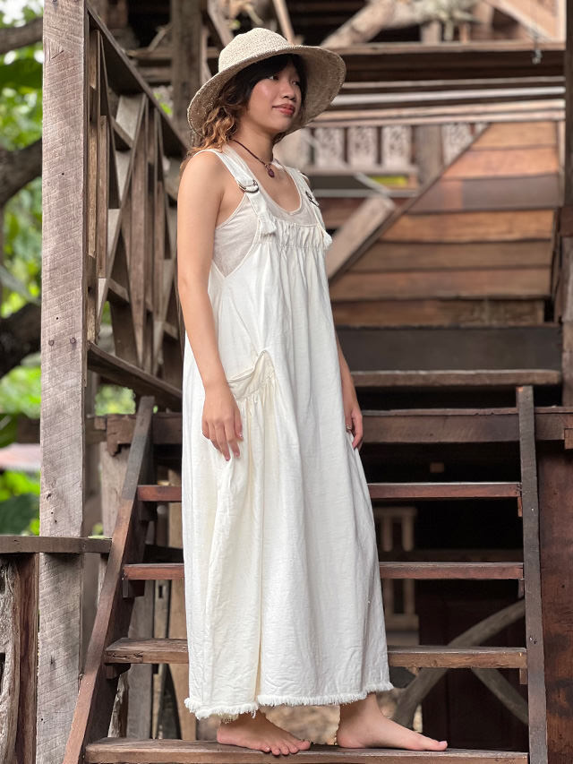 asana HEMP100% デニム風 サロペット ワンピース・きなり【パヤカ