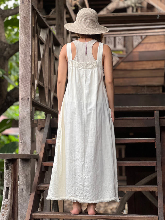 asana HEMP100% デニム風 サロペット ワンピース・きなり【パヤカ