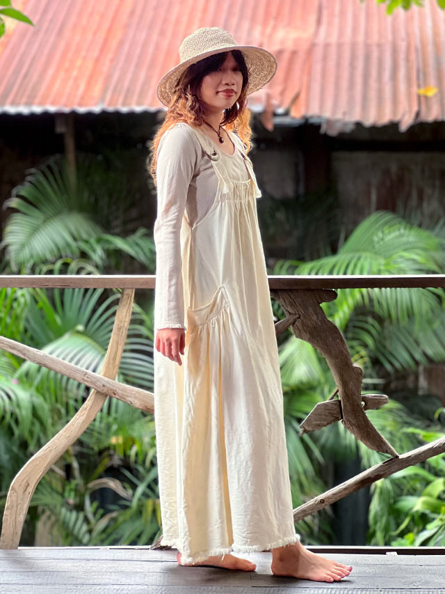 asana HEMP100% デニム風 サロペット ワンピース・きなり【パヤカ