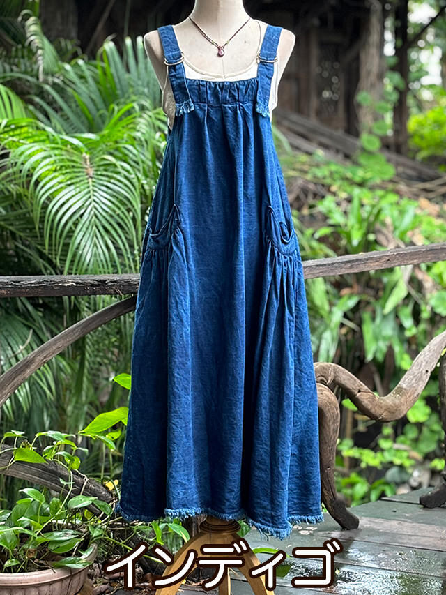 asana HEMP100% デニム風 サロペット ワンピース・草木染め【パヤカ