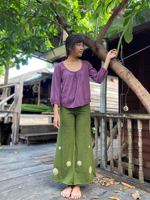 asana ヘンプコットン フレアーパンツ・HEMP糸かぎ編み付き