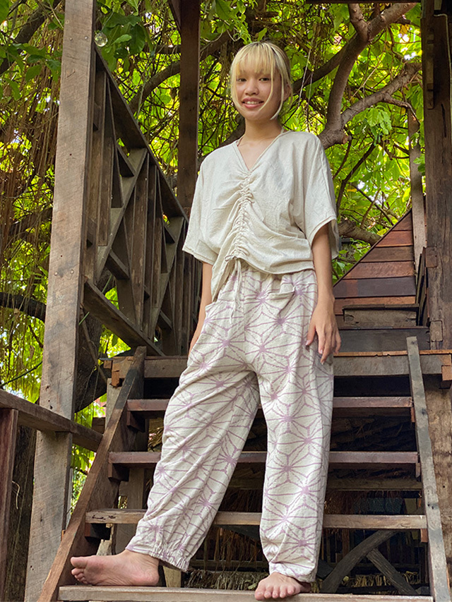 asana ヘンプコットン 厚手 麻柄プリント スウェット パンツ【パヤカ