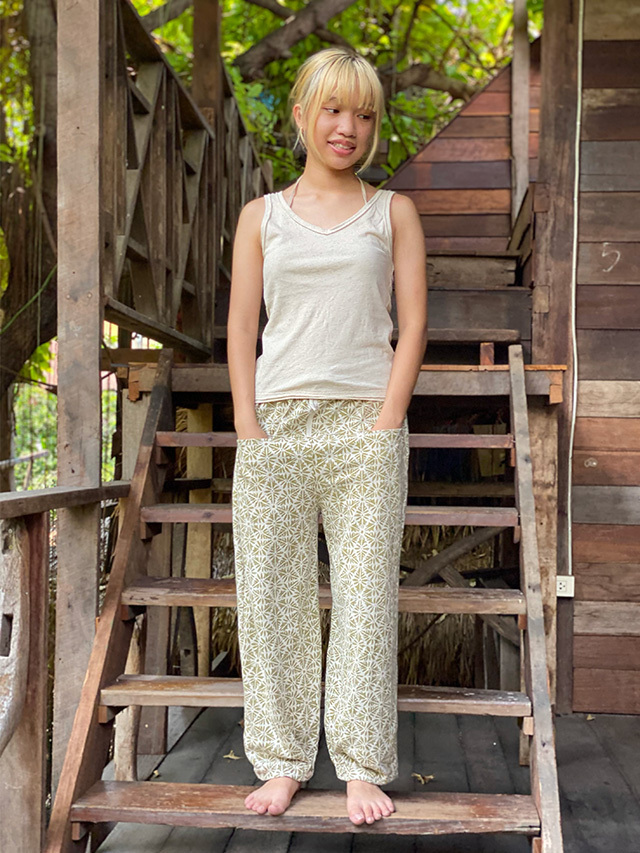 asana ヘンプコットン 厚手 麻柄プリント スウェット パンツ【パヤカ