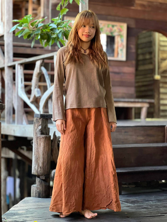 【受注生産品】 asana HEMP100% 厚手 切り替えし フレアーパンツ・草木染め パンツ