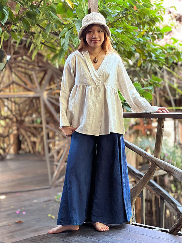 asana HEMP100% 厚手 フリンジ フレアーパンツ・草木染め