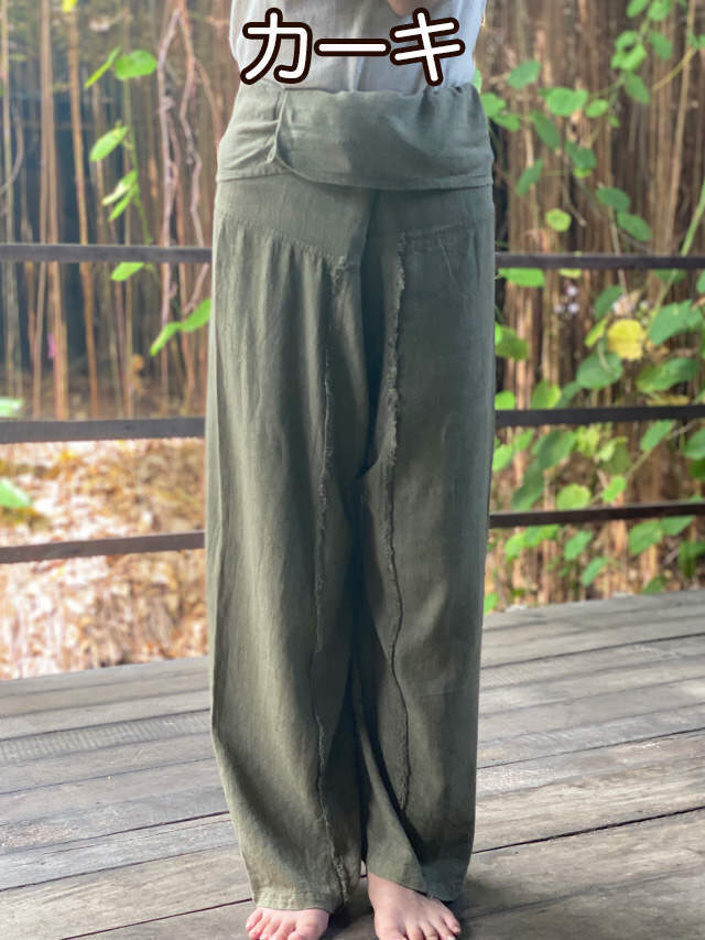 asana HEMP100% デニム風 フリンジ パンツ●草木染め麻墨グレー asana HEMP100% NEW フリンジ タイパンツ・草木染め【パヤカ