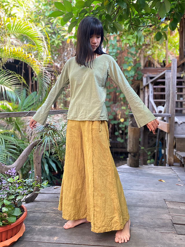 満点の asana HEMP100% フレアーパンツ・草木染め フリンジ 厚手 パンツ