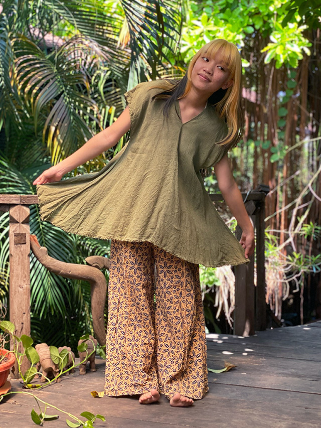 asana HEMP100% 厚手 フリンジ フレアーパンツ・草木染め