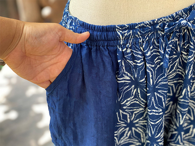 asana HEMP100%かすれ麻柄 インディゴ抜染 ワイド ショート パンツ
