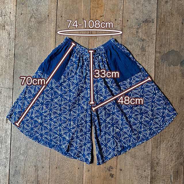 asana HEMP100%かすれ麻柄 インディゴ抜染 ワイド ショート パンツ