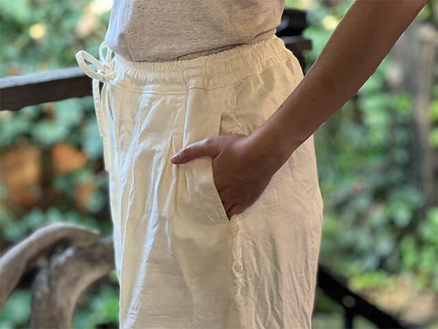 asana HEMP100% デニム風 フリンジ パンツ・きなり