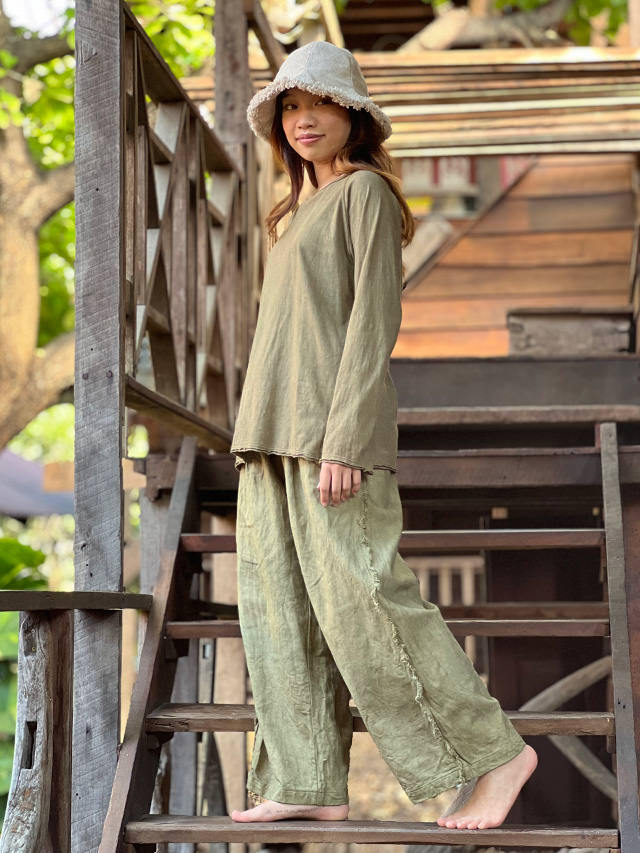 asana HEMP100% デニム風 フリンジ パンツ・草木染め【パヤカ