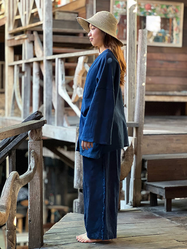 asana HEMP100% デニム風 フリンジ パンツ・草木染め【パヤカ