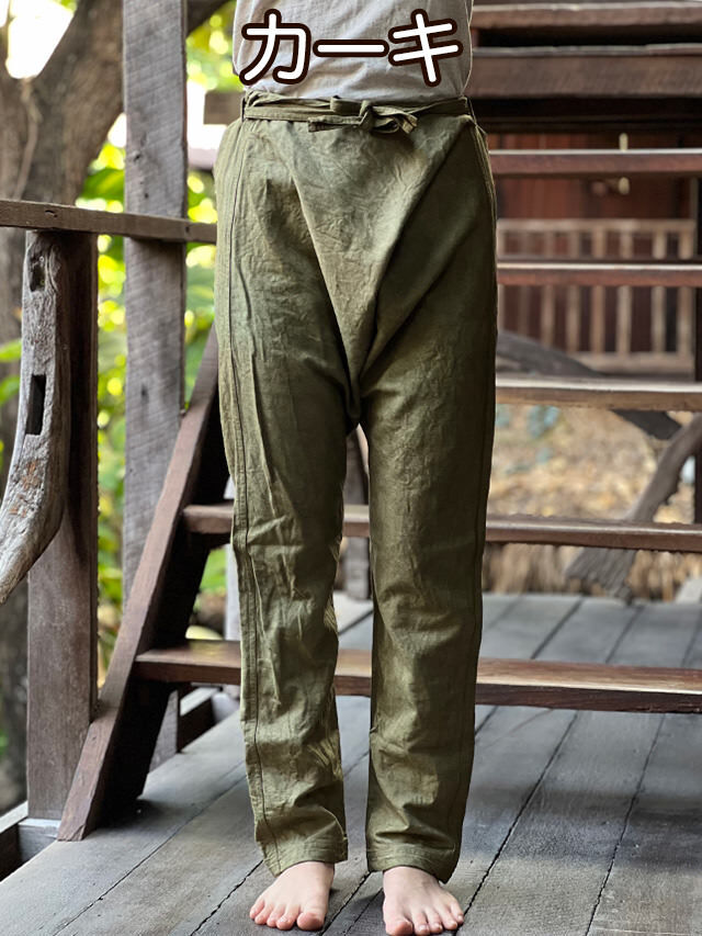 asana HEMP100% デニム風 まつり タイパンツ●草木染めカーキ asana HEMP100% デニム風 まつり タイパンツ・草木染め【パヤカ