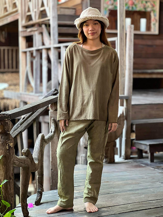 asana HEMP100% デニム風 フリンジ パンツ●草木染め麻墨グレー asana HEMP100% デニム風 フリンジ パンツ○草木染め麻墨グレー