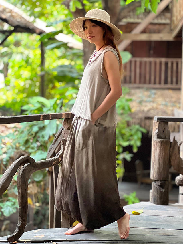 asana HEMP100% テロテロ パンツスカート・草木染めグラデーション