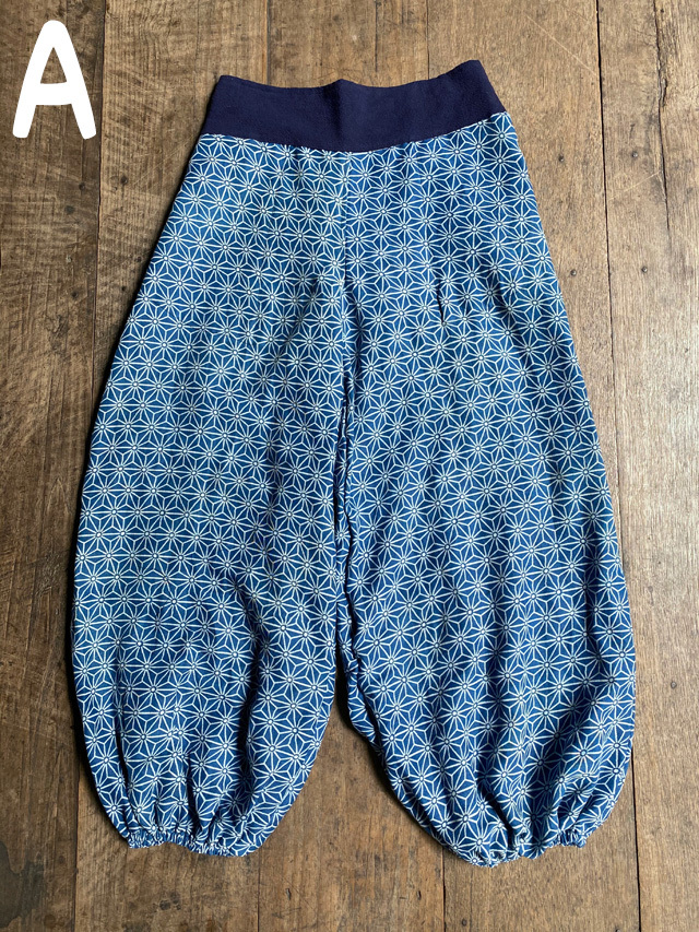 asana 麻柄プリント ダブルガーゼ もんぺ パンツ・インディゴ染め