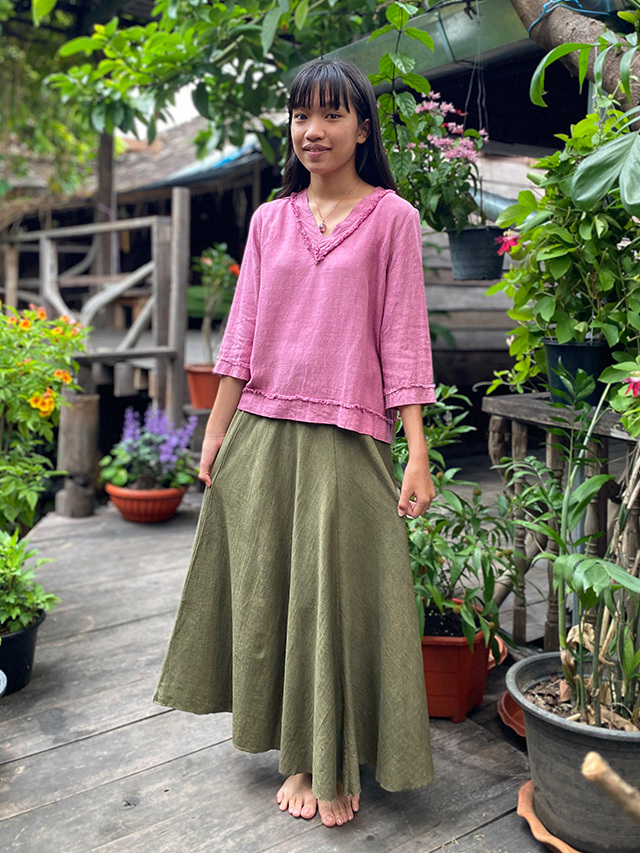 asana ヘンプコットン 厚手 ロング フレアー スカート・草木染め