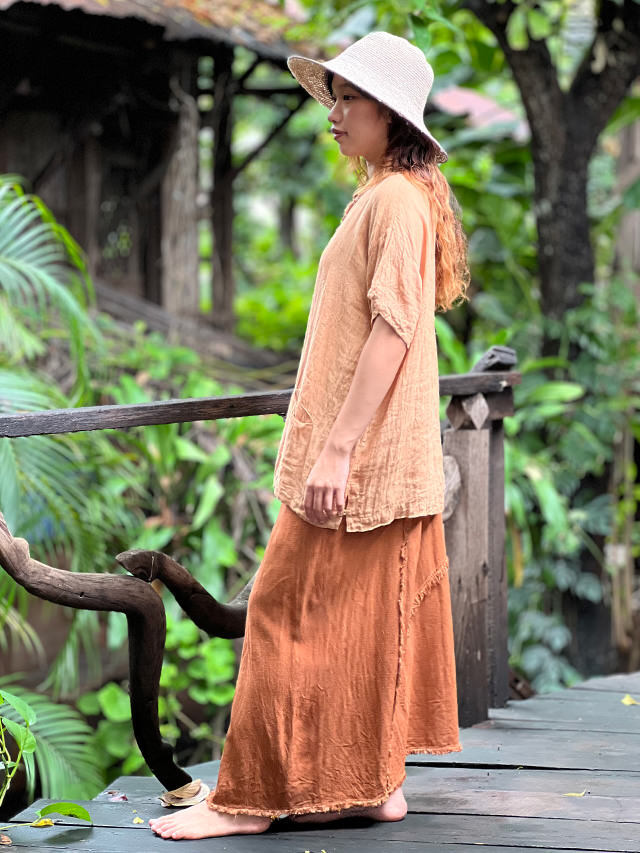 sorairo★うさとの服 藍染風・ヘンプ混 イカパンツ／巻きスカート風 asana HEMP100% テロテロ タイパンツ スカート・草木染め【パヤカ