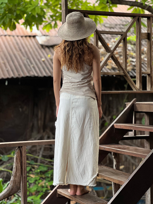 asana HEMP100% デニム風 切り替え ロング スカート・きなり【パヤカ