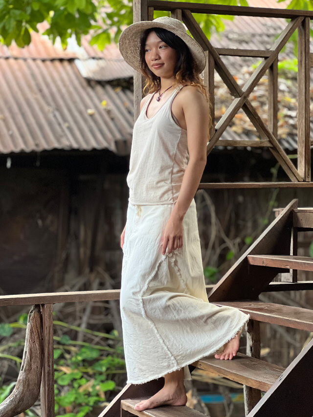 asana HEMP100% デニム風 切り替え ロング スカート・きなり【パヤカ