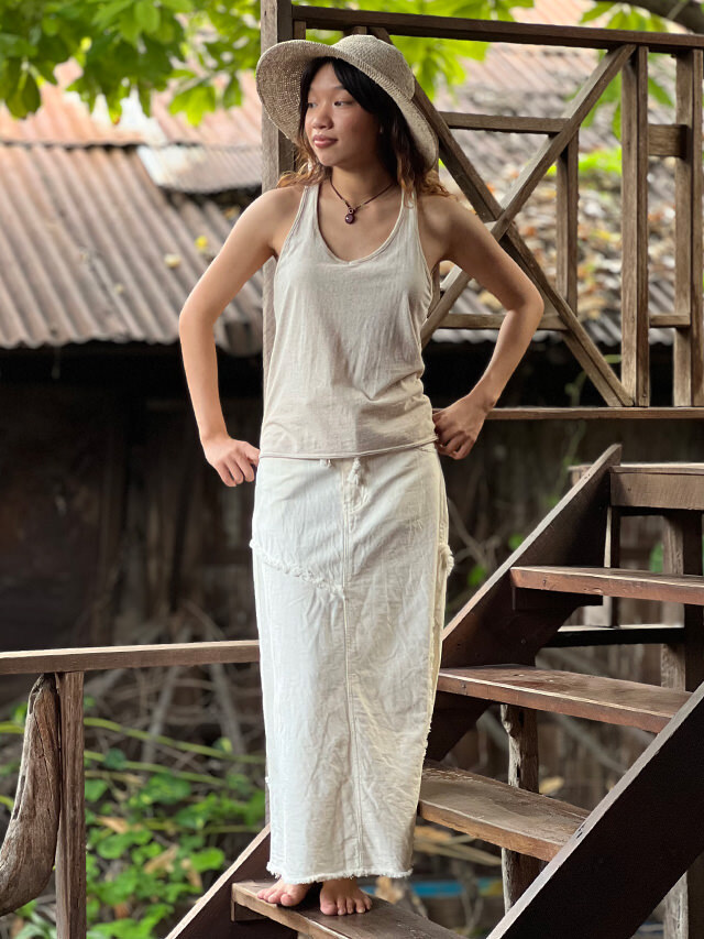 asana HEMP100% デニム風 切り替え ロング スカート・きなり【パヤカ