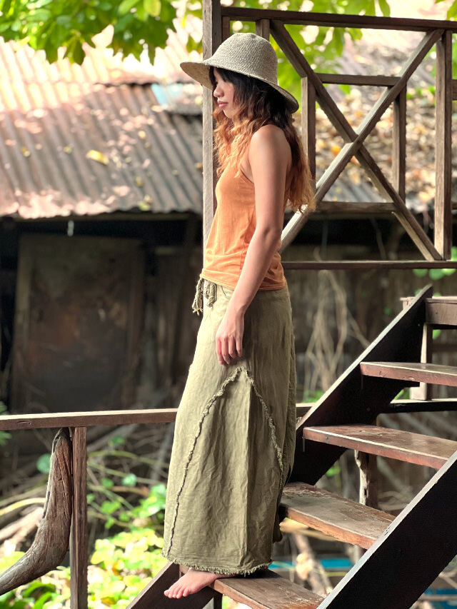 asana HEMP100% デニム風 切り替え ロング スカート・草木染め【パヤカ