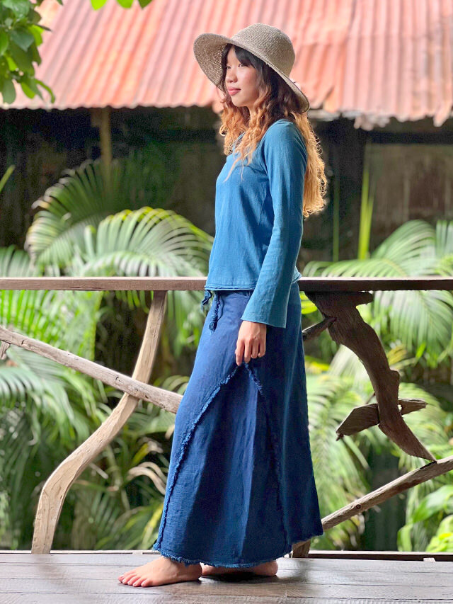 asana HEMP100% デニム風 切り替え ロング スカート・草木染め【パヤカ