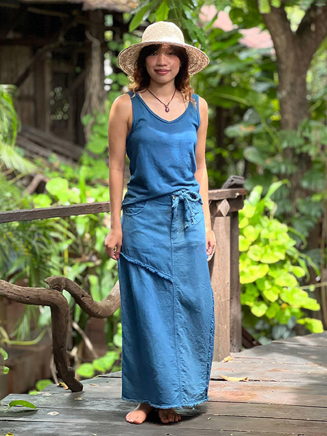 asana HEMP100% デニム風 切り替え ロング スカート・草木染め【パヤカ