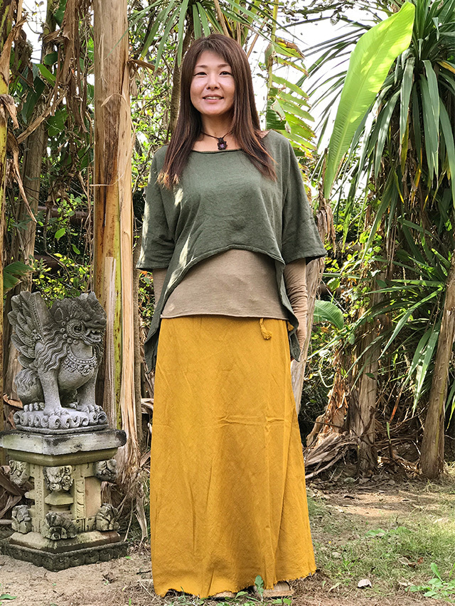 【美品】PAYAKA HEMP100% 薄手インディゴ抜染 バイアススカート asana HEMP100% 麻柄プリント ポケット バイアス スカート