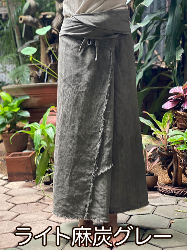 asana HEMP100% デニム風 フリンジ パンツ●草木染め麻墨グレー asana HEMP100% デニム風 フリンジ パンツ○草木染め麻墨グレー