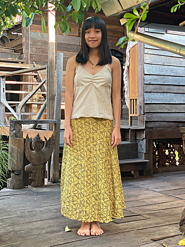 asana HEMP100% 麻柄プリント ガーゼ バイアス 巻きスカート