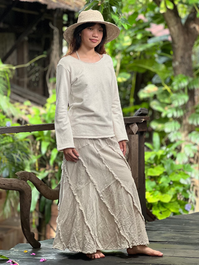 asana HEMP100% 厚手 NEW フリンジ トルネード ロングスカート・きなり