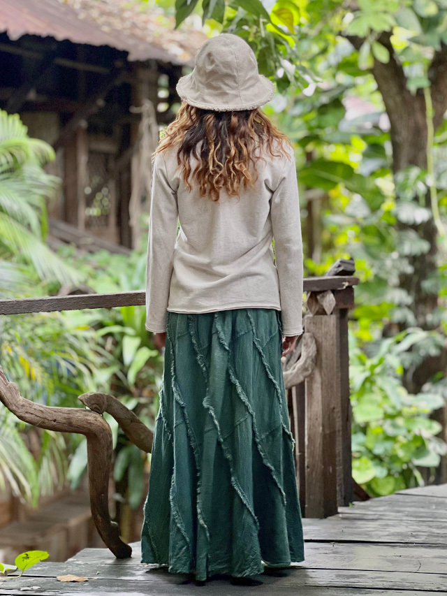 【SALE】asana 薄手 ロング フレアー スカート・草木染め●カーキ SALE】asana 薄手 ロング フレアー スカート・草木染め○カーキ