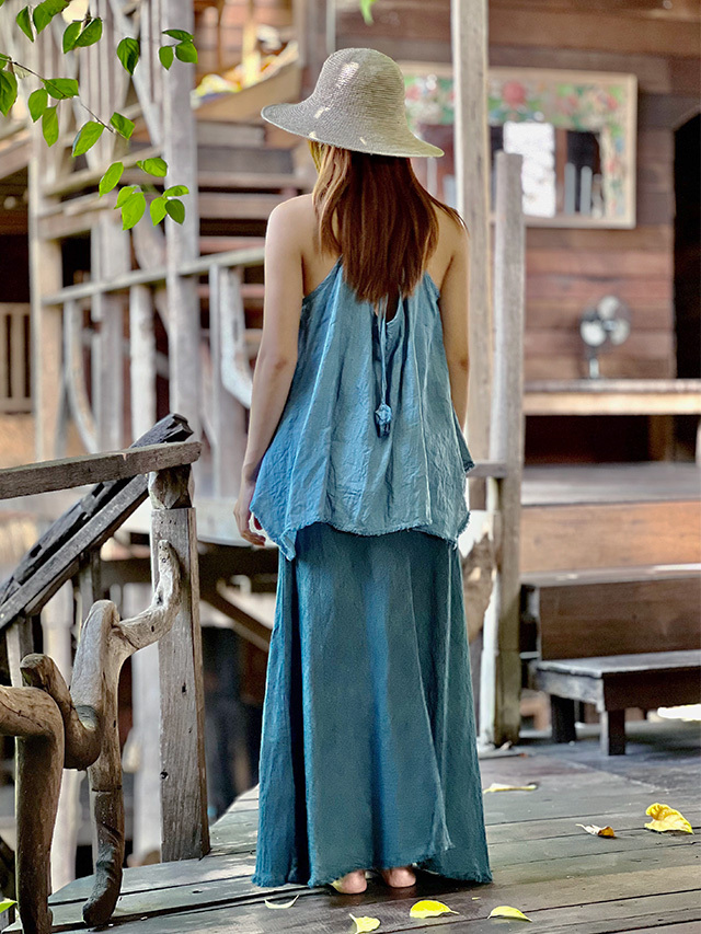 asanaHEMP100% デニム風 バイアススカート・草木染め インディゴ新品 asana HEMP100% バイアス スカート・草木染め【パヤカ