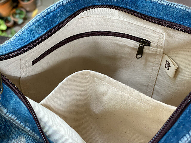 HEMP100% 手刺繍 バティック草木染め チャック付き ショルダーバッグ