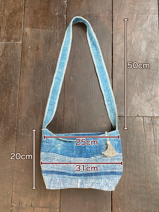 HEMP100% 手刺繍 バティック草木染め チャック付き ショルダーバッグ