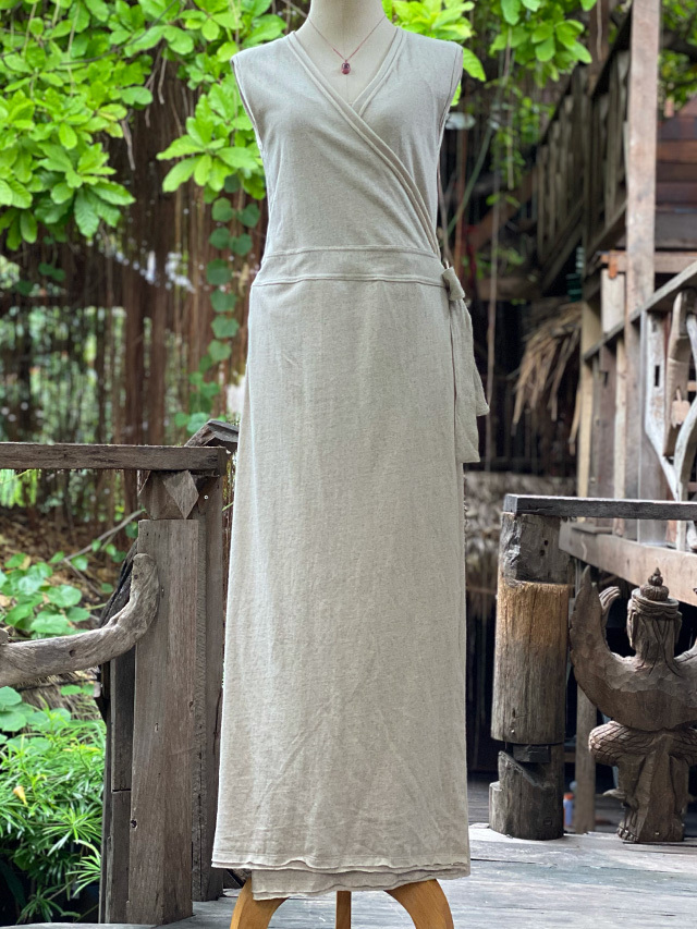 asana ヘンプコットン 厚手 カシュクール ノースリーブ ワンピース