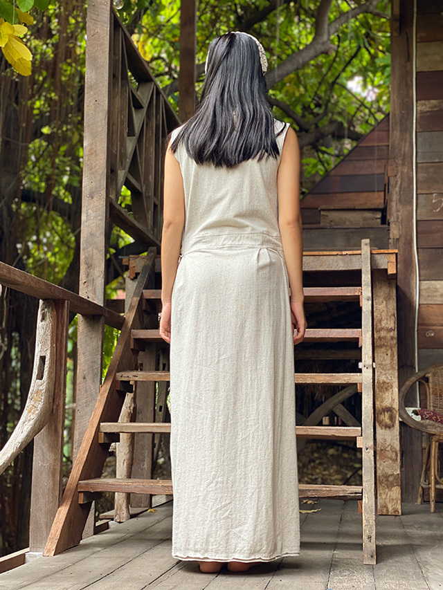 asana ヘンプコットン 厚手 カシュクール ノースリーブ ワンピース
