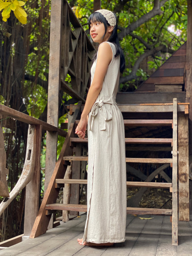 asana ヘンプコットン 厚手 カシュクール ノースリーブ ワンピース